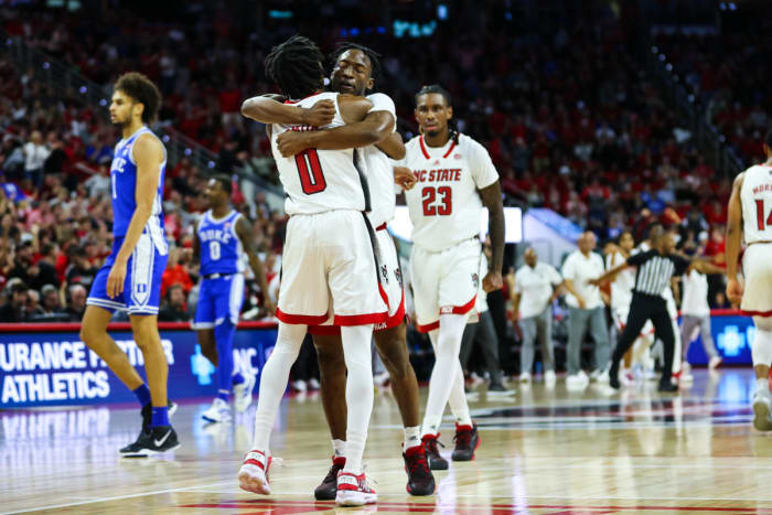 Jarkel Joiner and Terquavion Smith celebrates NC State's win over No. 16 Duke on Wednesday, January 4th. The Wolfpack returns to action Saturday, January 7th at Virginia Tech.